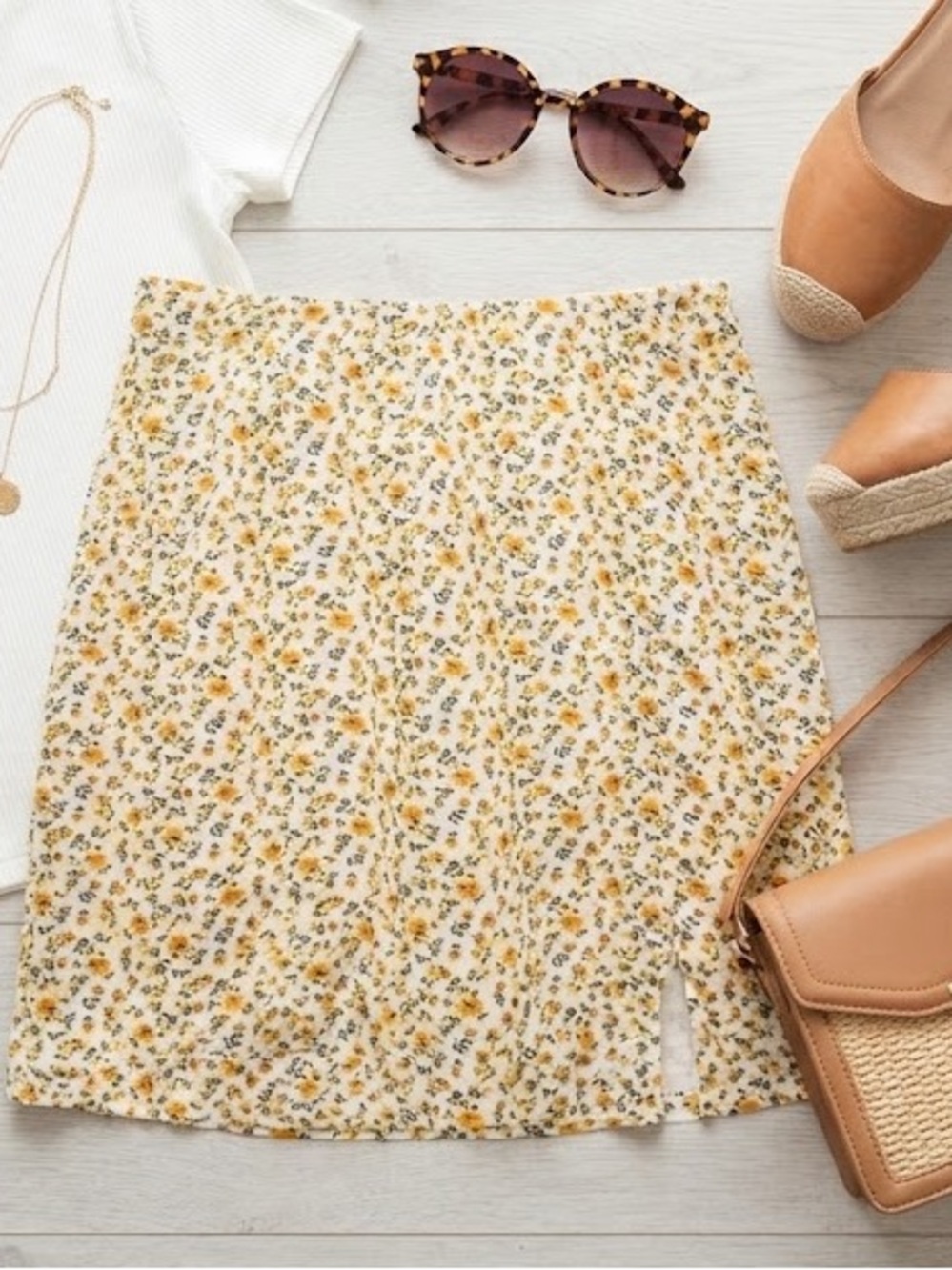 Hollister White Mini Skirt with Yellow Floral Print